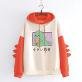 Winter Cute Dinosaur Cartoon Hoodie Women Fashion Sweatshirt Casual Print Long Sleeve Korean Style Splice Tops Kawaii Clothes