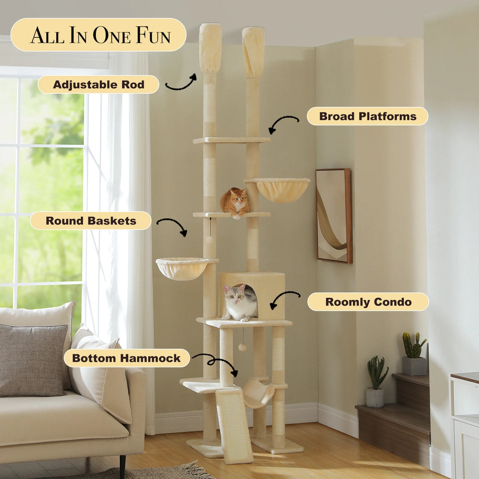 Cactus Cat Tree Floor to Ceiling Cat Tower 7 Tiers Cat Climbing Tree with Cozy Hammocks and Condos 5 Platforms Scratching Posts