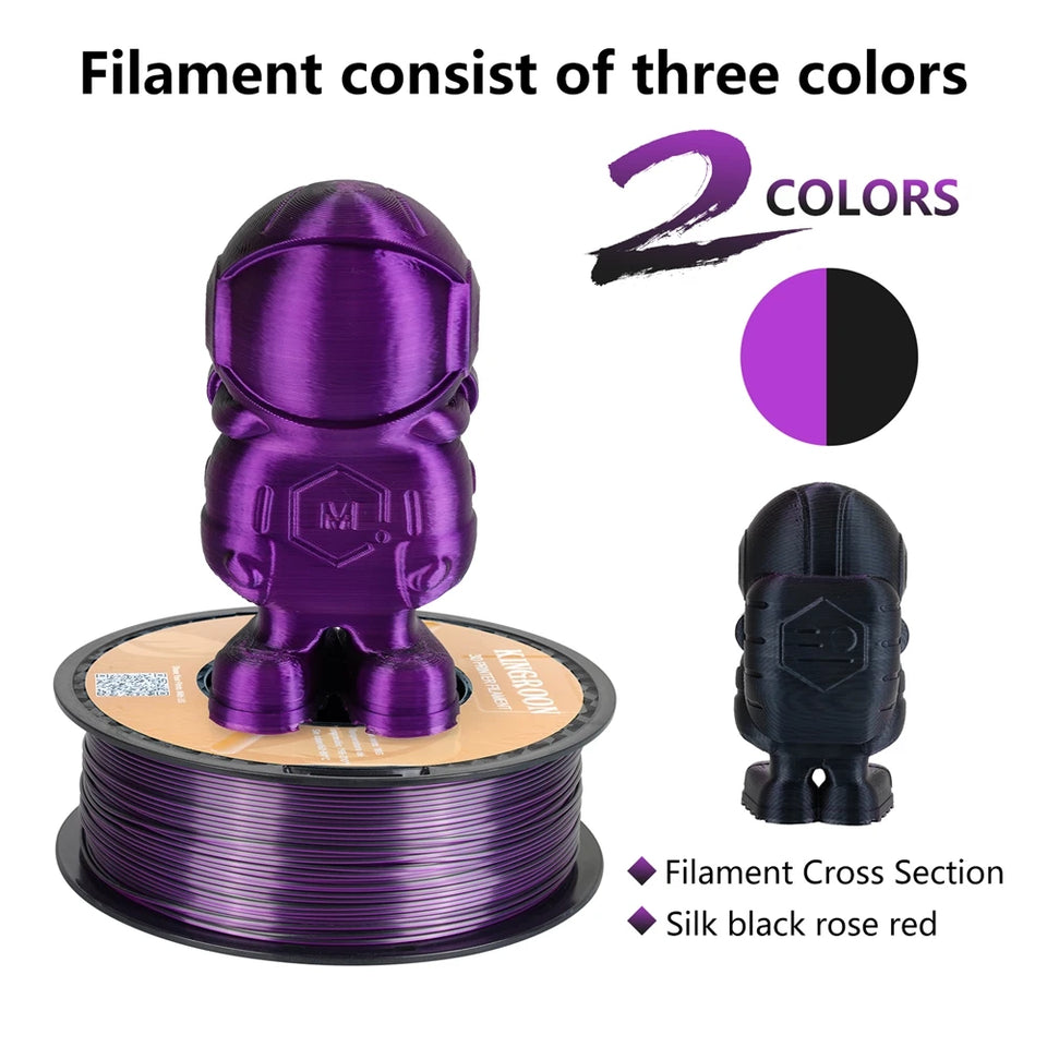 KINGROON Dual-color Silk PLA Filament 1.75mm 2 Color Coextrusion Glossy 3D Printer Filament PLA, 3kg/pack 1kg each spool