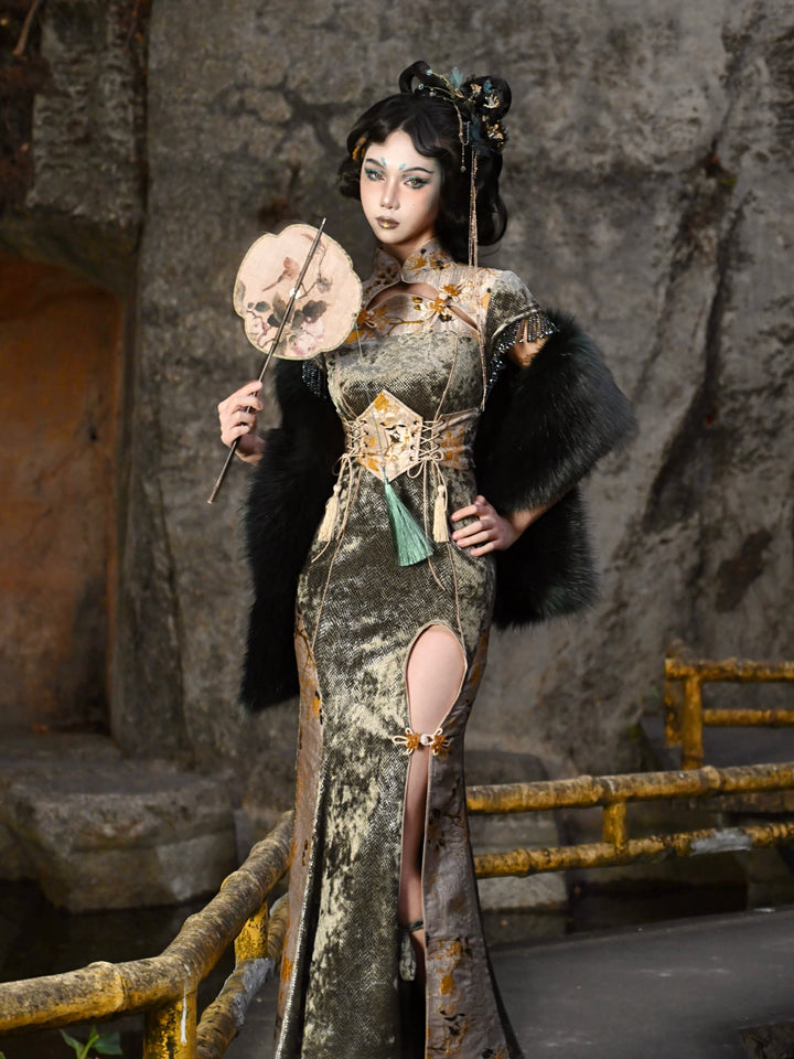 Blood Supply Original New Chinese Cheongsam Slim Dress Tie Tassel Jacquard Tunic Waist Sheath Long Trumpet Dresses Festival