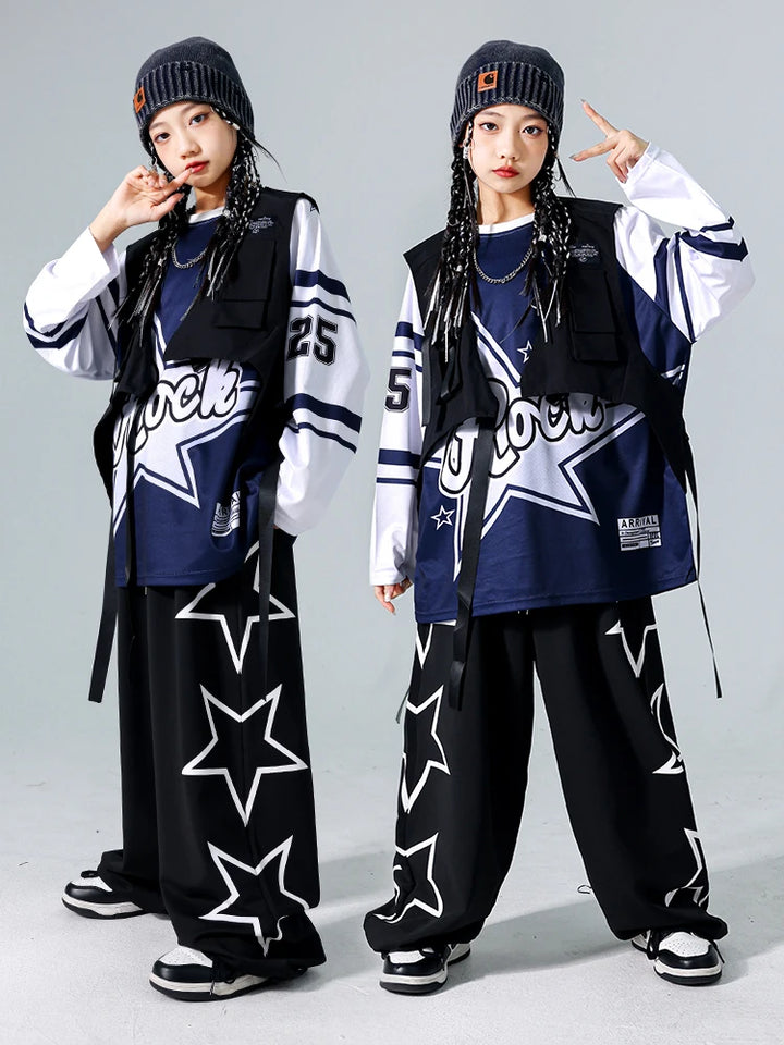 Girls Hip Hop Star Sweatshirt Vest Joggers Pants Boys Cool Streetwear Clothes Set Kids Children Jazz Street Dance K-pop Costumes