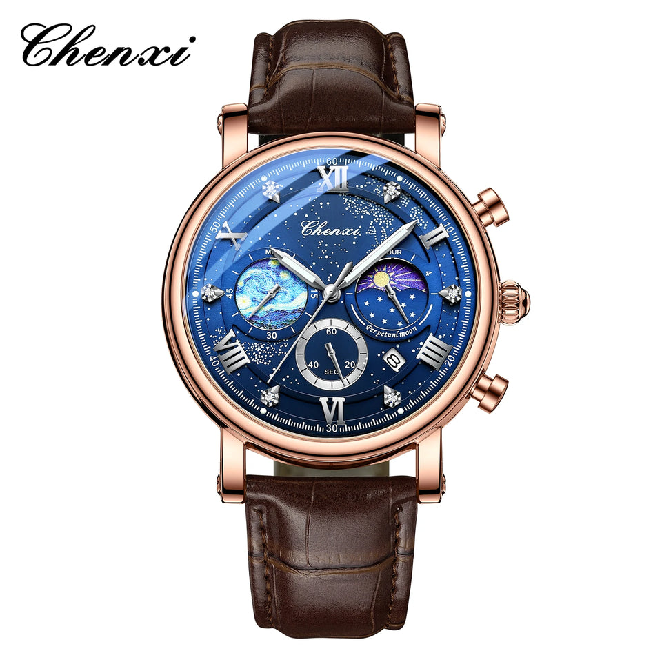 CHENXI Watches Luxury Men Waterproof Star Luminous Watch For Man High Quality Quartz Chronograph Leather Wristwatches Clock Male