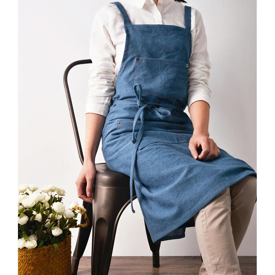 Cotton Denim Aprons Gardening Coffee Shop Kitchen Cooking Baking BBQ Cleaning Painting Restaurant Stylish Design Florist Apron
