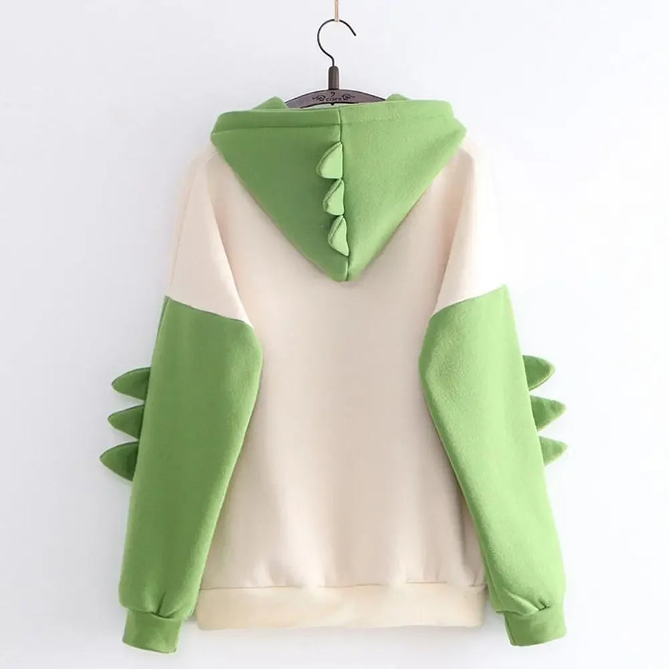 Winter Cute Dinosaur Cartoon Hoodie Women Fashion Sweatshirt Casual Print Long Sleeve Korean Style Splice Tops Kawaii Clothes