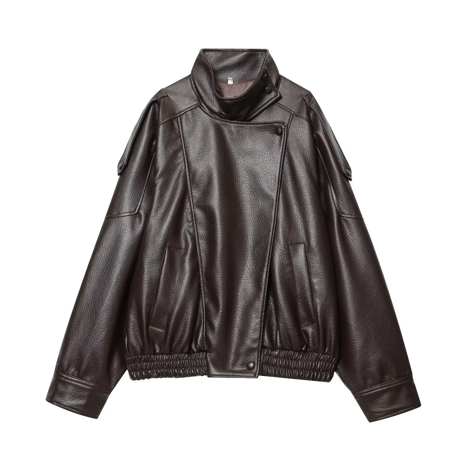 TFMLN 2025 Women Faux Leather Loose Jacket High Street Stand Collar Long Sleeve Coat Fashion Causal Zipper Outwear Autumn Winter