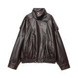TFMLN 2025 Women Faux Leather Loose Jacket High Street Stand Collar Long Sleeve Coat Fashion Causal Zipper Outwear Autumn Winter