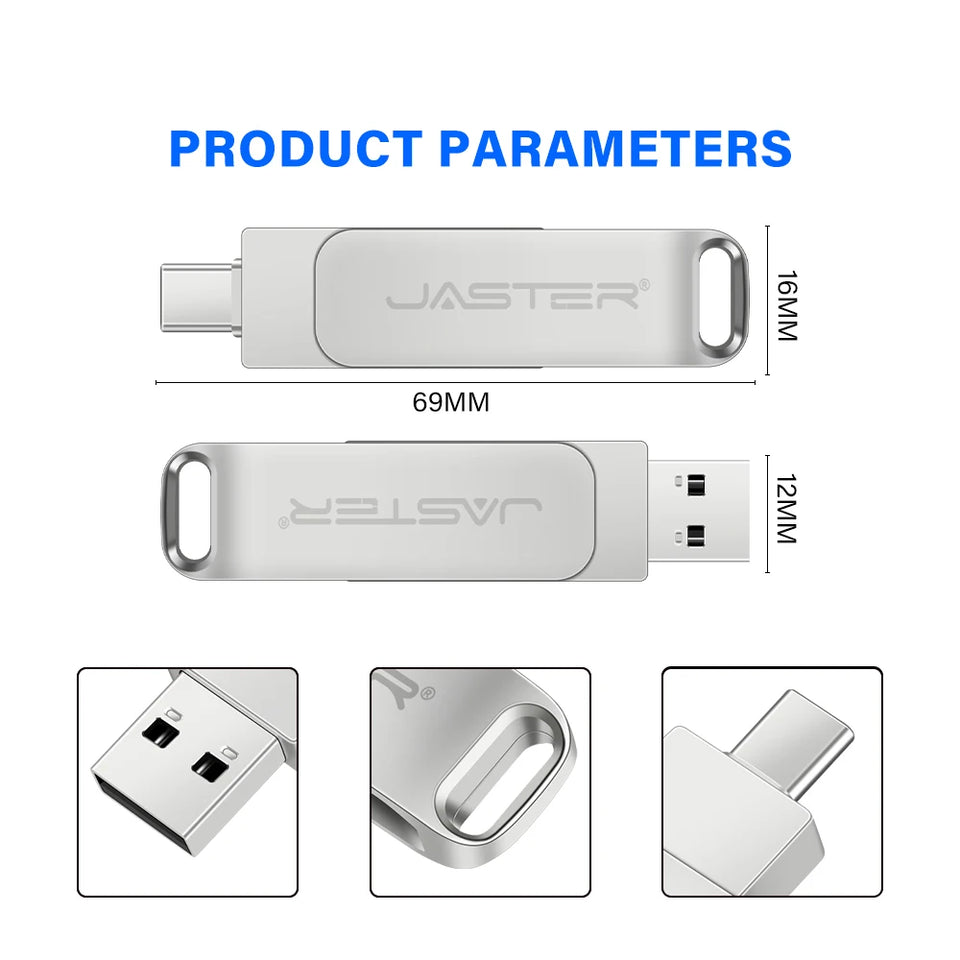 JASTER Metal USB TYPE-C 2 IN 1 Pen Drives 16GB silvery Flash Drive 64GB Commercial Affairs Gifts Memory Stick 4GB 8GB 32G U Disk