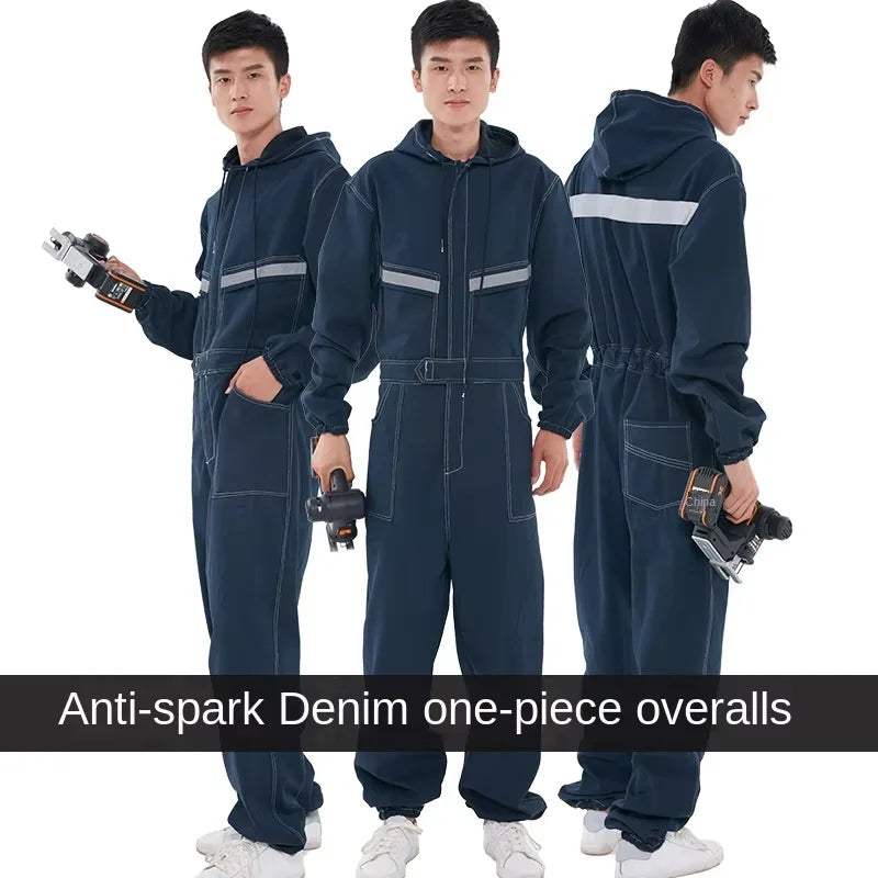 Thickened one-piece denim workwear, wear-resistant labor protection clothing, men's dust-proof auto repair crew clothing, workwe