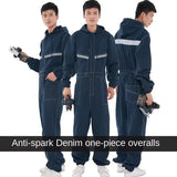 Thickened one-piece denim workwear, wear-resistant labor protection clothing, men's dust-proof auto repair crew clothing, workwe