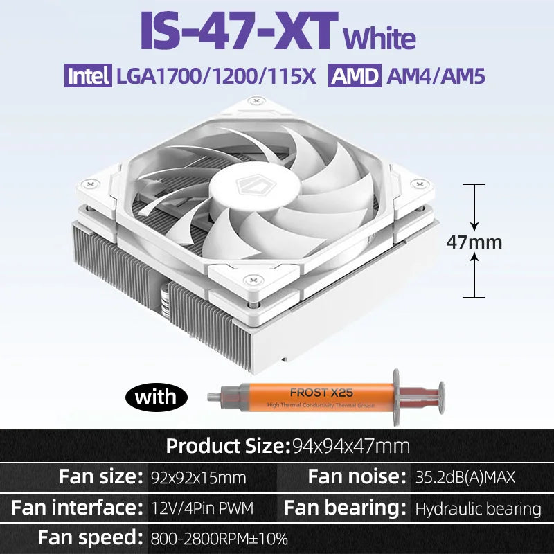 ID-COOLING IS-47 XT 4 HeatPipes CPU Processor Air Cooler 92mm PWM Cooling Fan ITX Radiator for Intel LAG1700/1200/115X AM4/AM5
