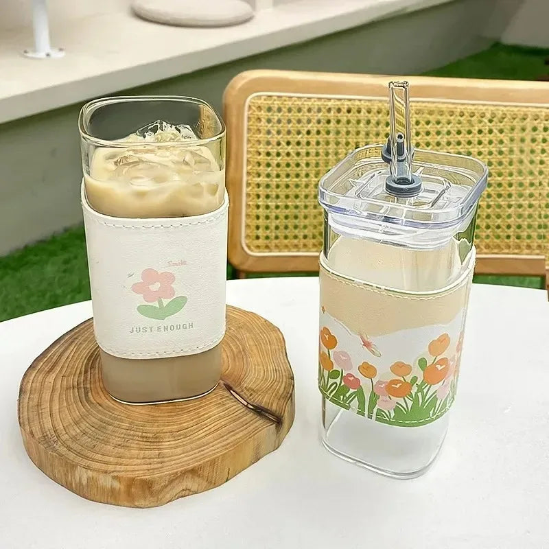 1Pcs Square Heat Resistant Coffee Glass Cup  With Lid and Straw Transparent Milk Tea Juice Cups For Home Bar Drinkware