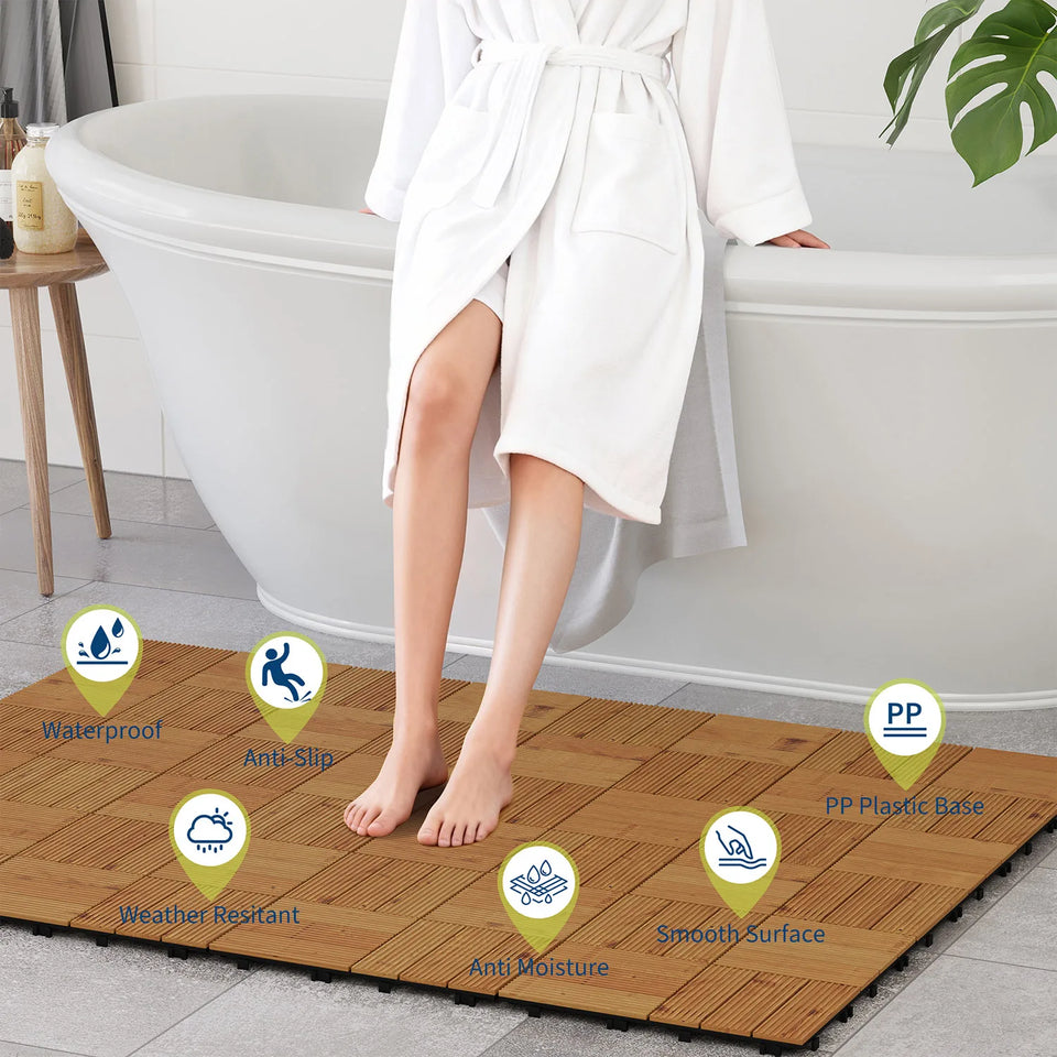 Acacia Wood Connected Deck Tiles for Patio & Outdoor Decor, 12"x12" Firm Weatherproof Non-Slip Wooden Flooring, 22/33 Panels
