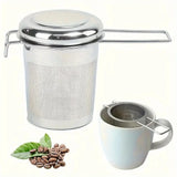 Tea filter, high-quality stainless steel, extended folding handle, tea drain with lid, multi-purpose tea filter with anti scald