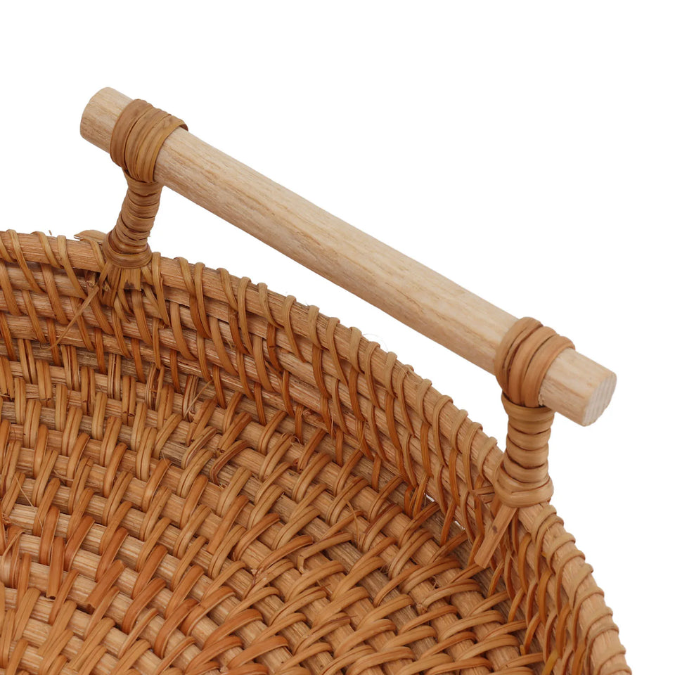 Coffee Table Decorative Tray Traditional Design Round Serving Tray with Solid Wood Handle Hand Woven Large Capacity for Home