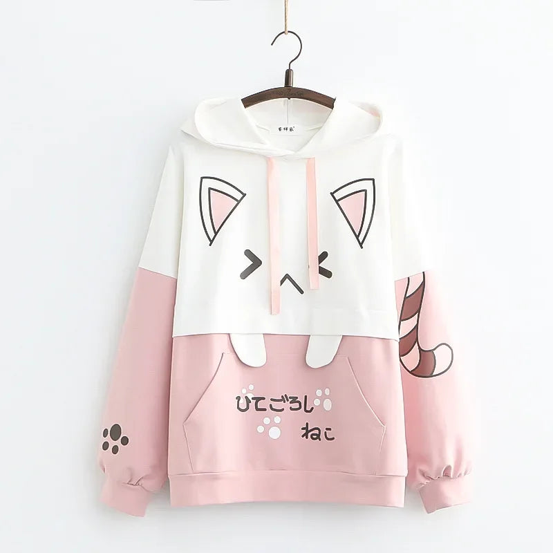 Harajuku Funny Women Hoodies 100% Cotton Winter Plus Fleece Cute Pink Anime Sweatshirt Teen Girl Kawaii Long Sleeve Y2K Hoodie
