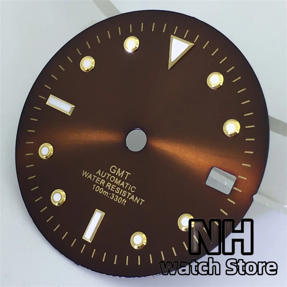 28.8mm Brown Coffee Dial With Gold Edge Time Marks Green Luminous For NH34 NH35 Movement Date Window