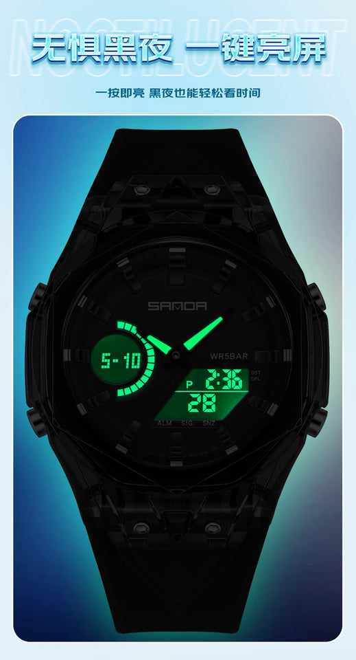SANDA Top New 6283 Dual Display Multifunctional Student Electronic Watch Alarm Clock Night Light Waterproof Sports Student Watch