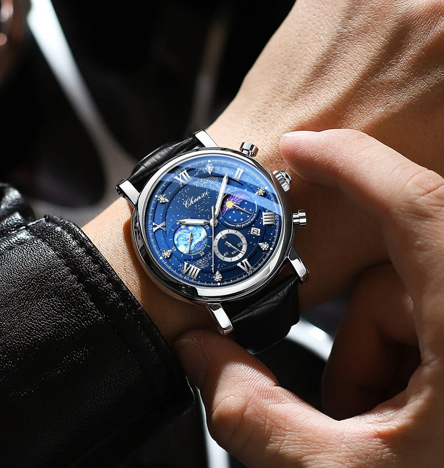 CHENXI Watches Luxury Men Waterproof Star Luminous Watch For Man High Quality Quartz Chronograph Leather Wristwatches Clock Male