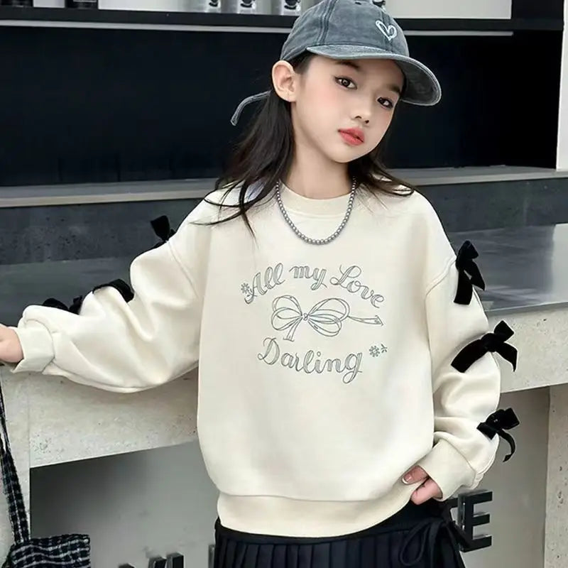 Girls' 2025 New Spring/Autumn Long Sleeve Bowknot Loose Fit Stylish Korean Style Mid-Big Kids Sweatshirt