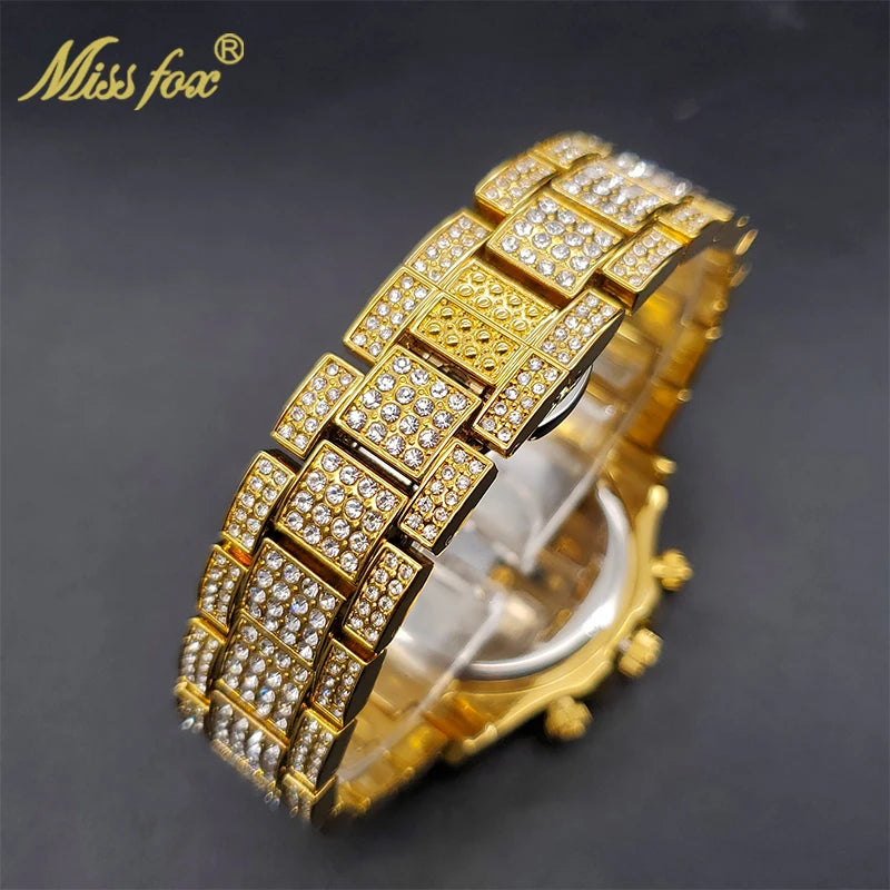 MISSFOX Men Watches 2021 Luxury Large Case With Baguette Full Diamond Quartz Wristwatch Chronograph Calendar Watch Droshipping