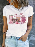 Pink Coffee & Love Women's Tee - Sweet Drinks Graphic, Cozy Casual Print for Daily Wear