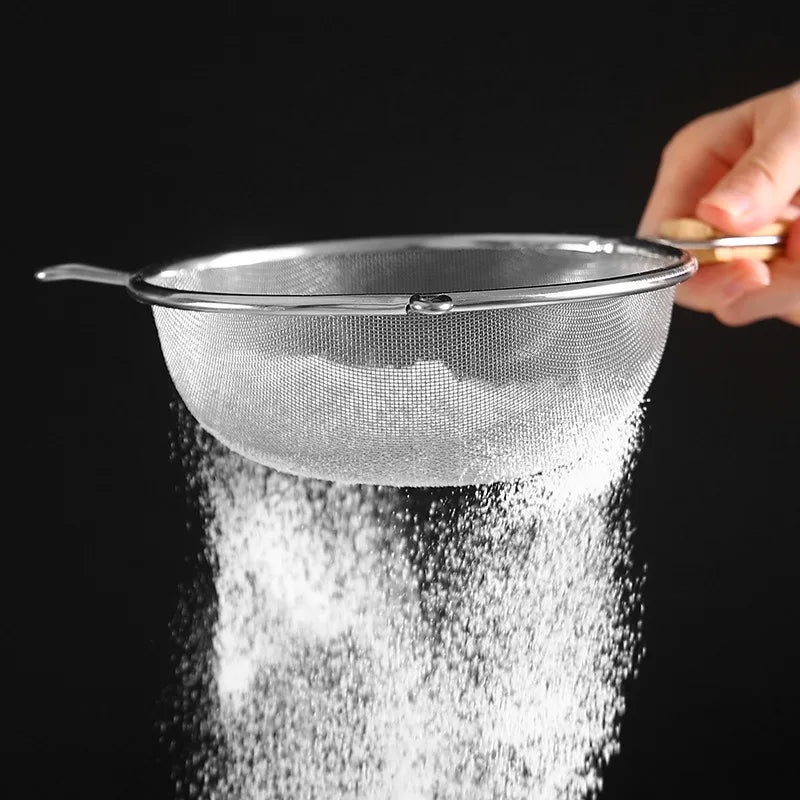 Stainless Steel & Wood Dual Handle Strainer Spoon. 30x17cm, for Pasta, Dumplings, Skimming, Durable