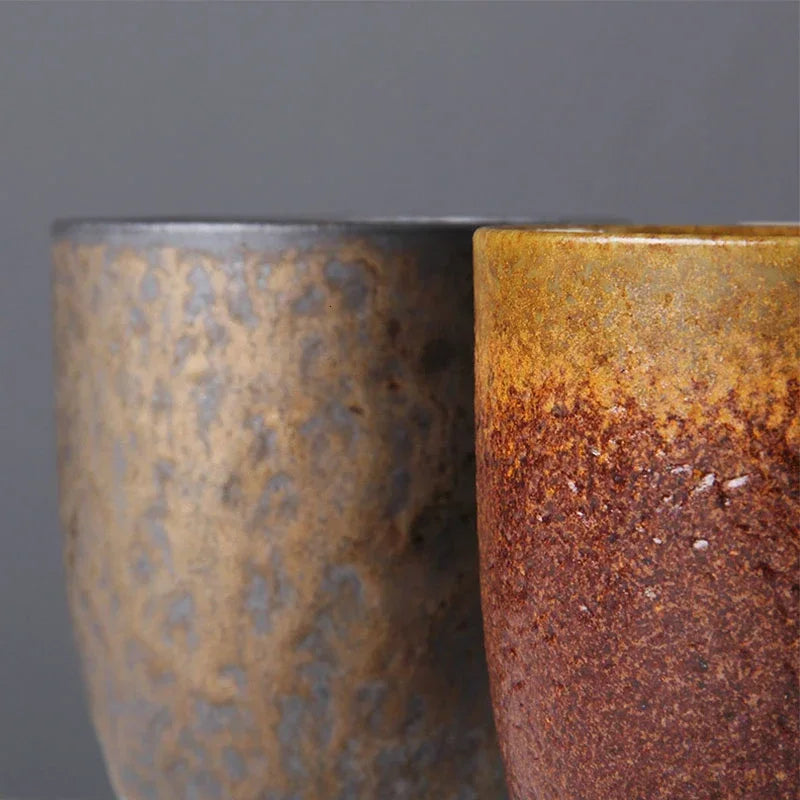 Japanese Vintage Tea Cup Set Ceramic Coffee Mug Rust Glaze Milk Cafe Cup with Wood Handle Water Cup Teacup Home Office Drinkware