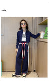 Spring Autumn Girl Striped Cropped Full Zip Sweatshirt+Loose Drawstring Sweatpant Set School Kids Tracksuit Child Outfit 3-16Yrs