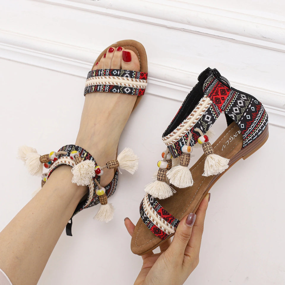 Summer New Women's Sandals Rome Bohemian Flow Su Flat Heel Soft Bottom Comfortable Anti slip Outerwear Tourist Vacation