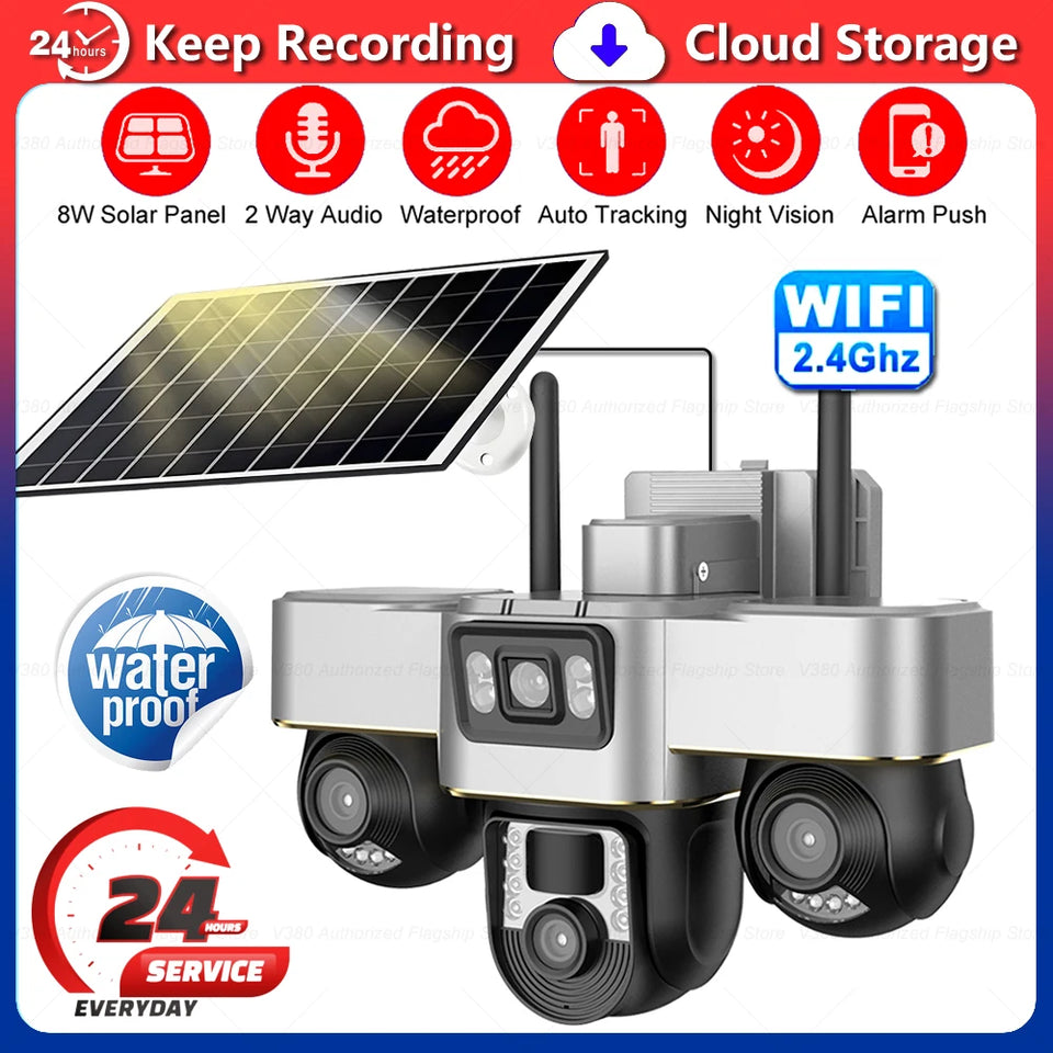V380 Pro Solar Camera 3 Lens WiFi Security Cameras Outdoor Smart Home Solaire Power PTZ IP 15MP Night Vision CCTV Surveillance