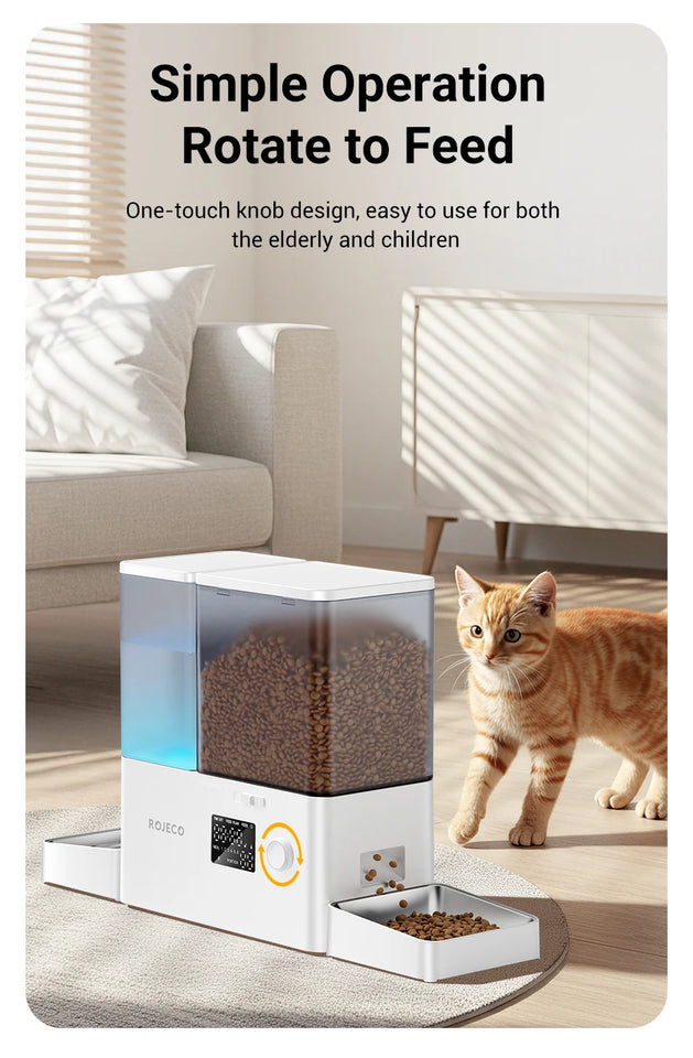 ROJECO 2In1 Automatic Pet Feeder Gravity Water Fountain 8.5L Button Version Auto Cat Kibble Dispenser with Water Refill Drinker