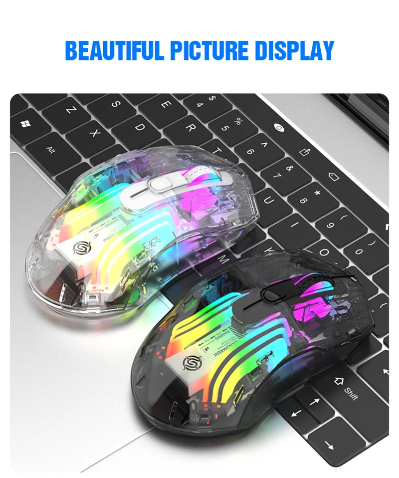 Aesthetic Clear Wireless Mouse for Women RGB Glow Tri-Mode Bluetooth Rechargeable Gaming Mouse for Laptop PC Office