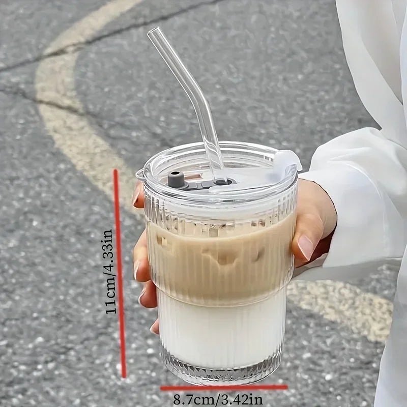 400/600ML Stripe Glass Coffee Cup With Lid and Without Cover Straw Transparent Drinking Glasses for Juice Iced Coffee Mugs