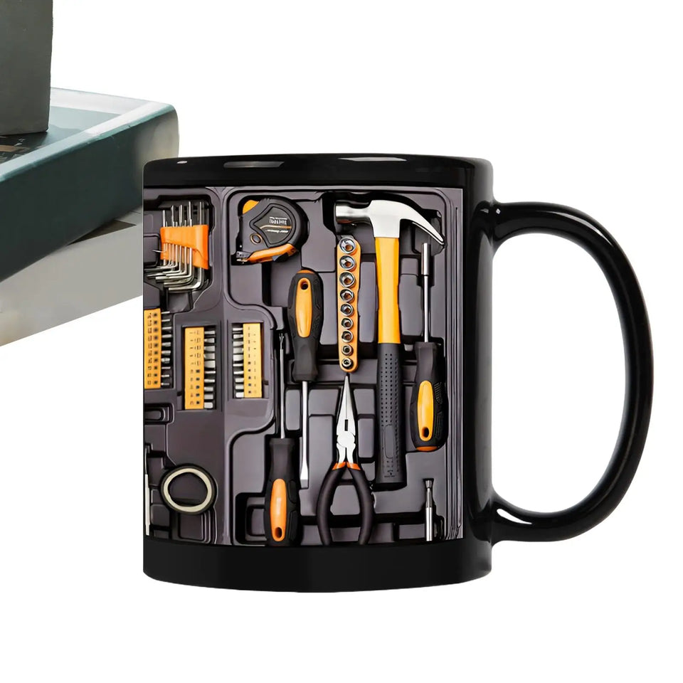 11OZ Coffee Mug Toolbox Design Wrench Pattern Mechanic Water Cup Ceramic Mechanic Mug Themed C-Shaped Handle Car Mechanic Gift