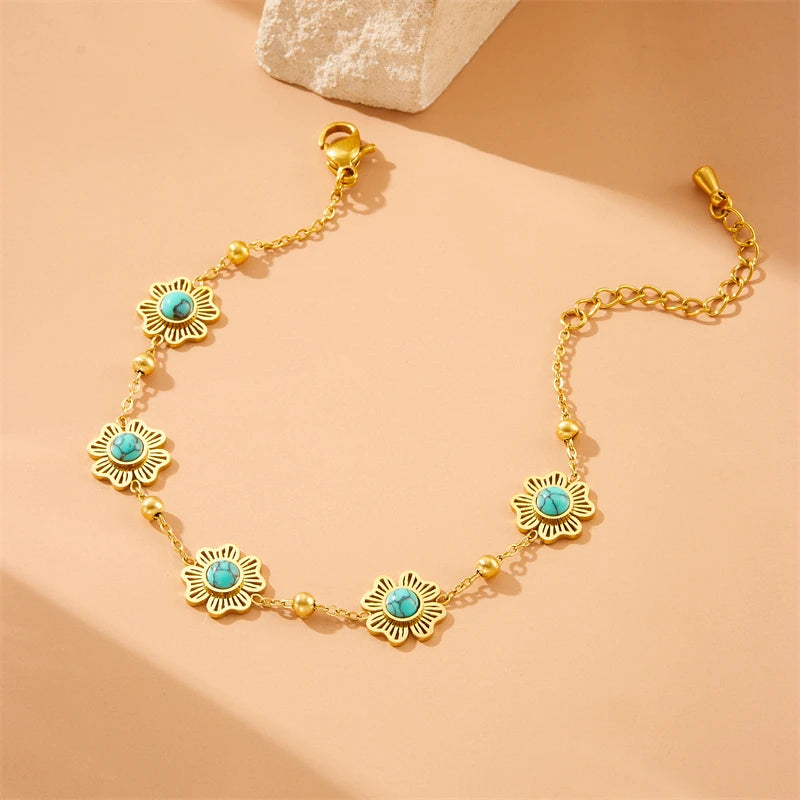 DIEYURO 316L Stainless Steel Retro Turquoise Hollowed Out Flowers Bracelet Women New Trendy New Fashion Wrist Chain Jewelry Gift
