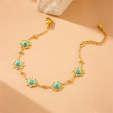 DIEYURO 316L Stainless Steel Retro Turquoise Hollowed Out Flowers Bracelet Women New Trendy New Fashion Wrist Chain Jewelry Gift