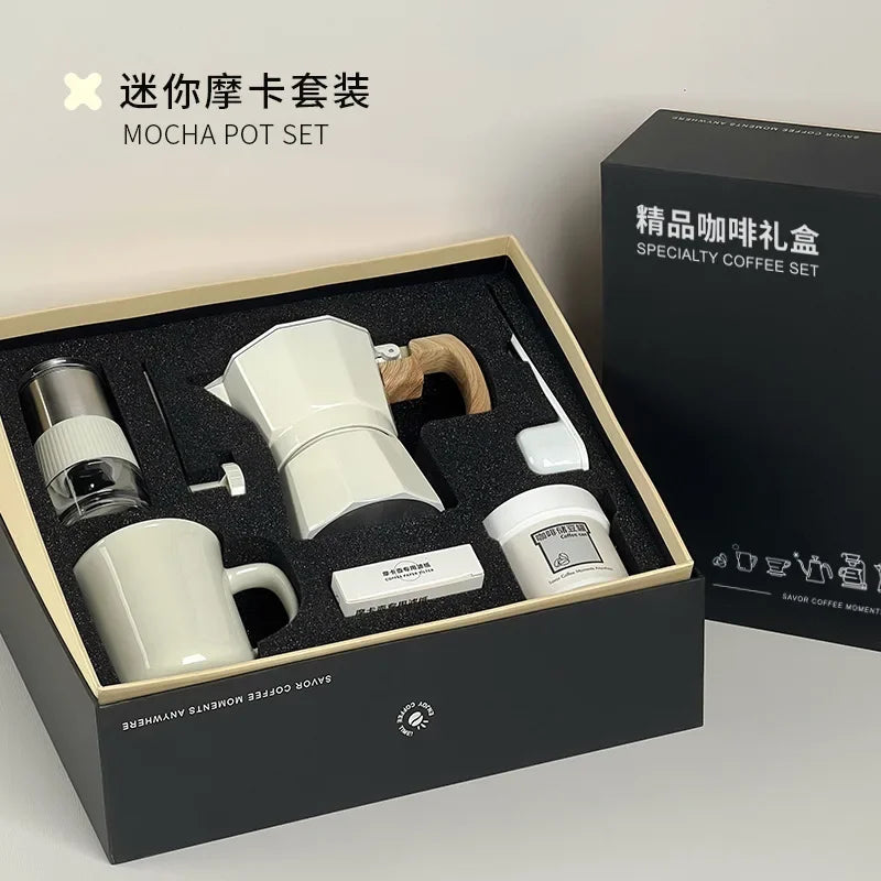 Hand Grinder Coffee Maker Set,Hand Grinder Set Gift Box,Moka Pot 6 Piece Set,with Cup,bean Bin,filter Paper and Bean Brush Spoon
