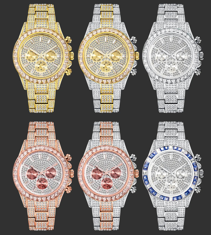 MISSFOX Men Watches 2021 Luxury Large Case With Baguette Full Diamond Quartz Wristwatch Chronograph Calendar Watch Droshipping