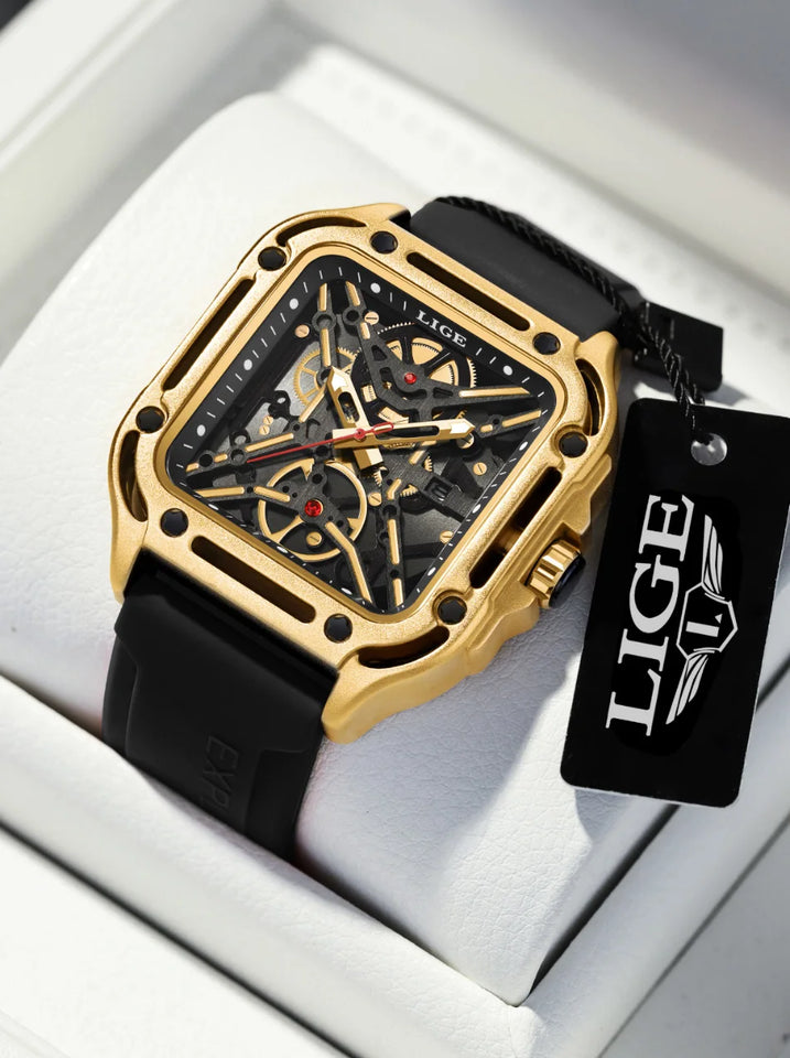 LIGE New Fashion Men Watches Luxury Large Dial Square Design Quartz Watch Casual Silicone Band Men's Sports Watches Reloj Hombre