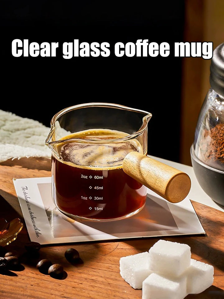 1 Piece 75ml Double Mouth Milk Cup With Side Wooden Handle Clear Glass Coffee Cup, Suitable For Home Espresso, Milk Production