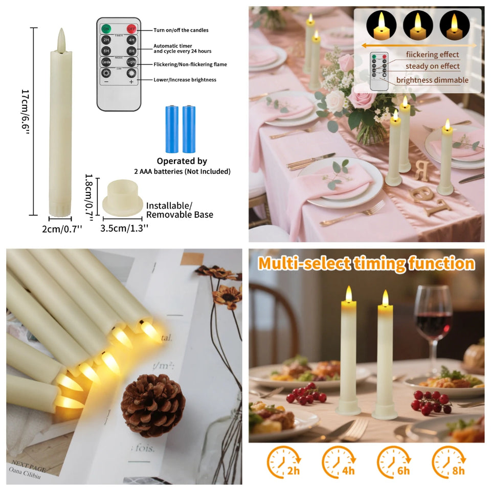 LED Flameless Taper Candles 6.5/11" Battery Operated Fake Flickering Candlesticks Electric Long Candles for Wedding Home Decor