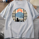 Coffee Cat in Mt Fuji T-shirt Men Women Round Neck Short Sleeve Tshirt Japanese Style Printed T-Shirt Cotton Oversized Tops