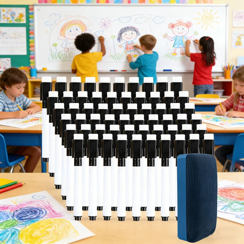 100/5Pcs Dry Erase Whiteboard Markers Set, Washable Pens with Magnetic Eraser for Office Whiteboards & Art Supplies