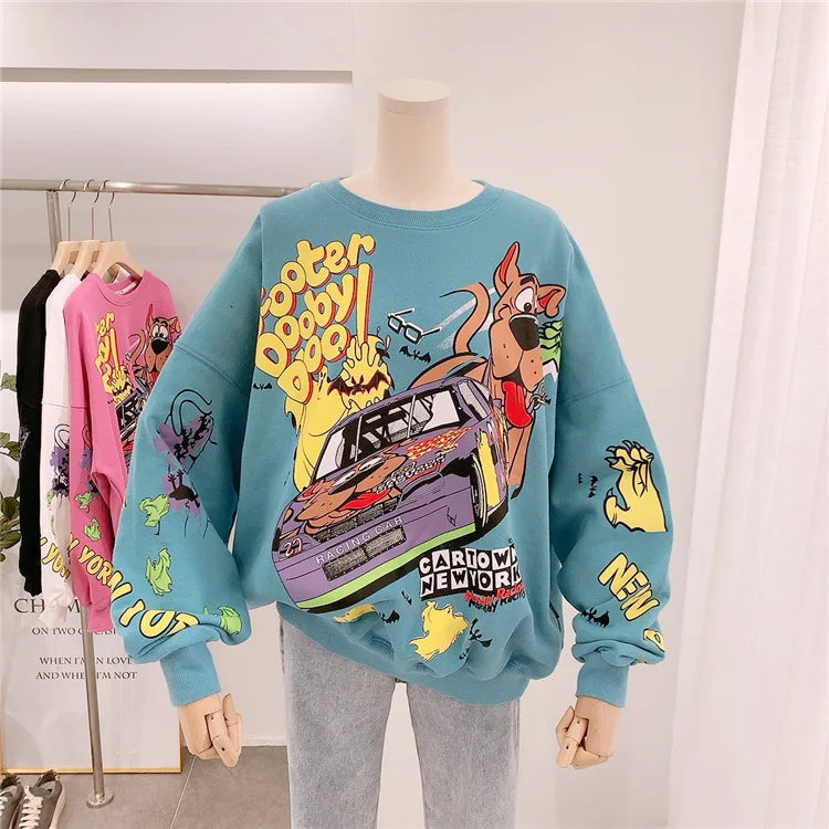 Letter Printing Sweatshirt Women High Street Cartoon Puppy Car Clothes Casual Crew Neck Sweater Bulk Items Wholesale Lots