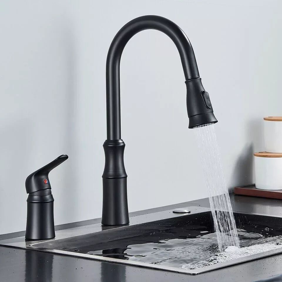 Matte Black Kitchen Sink Faucet with Pull Down Sprayer 1 Handle 2 Hole Mixer Tap Hot and Cold Taps