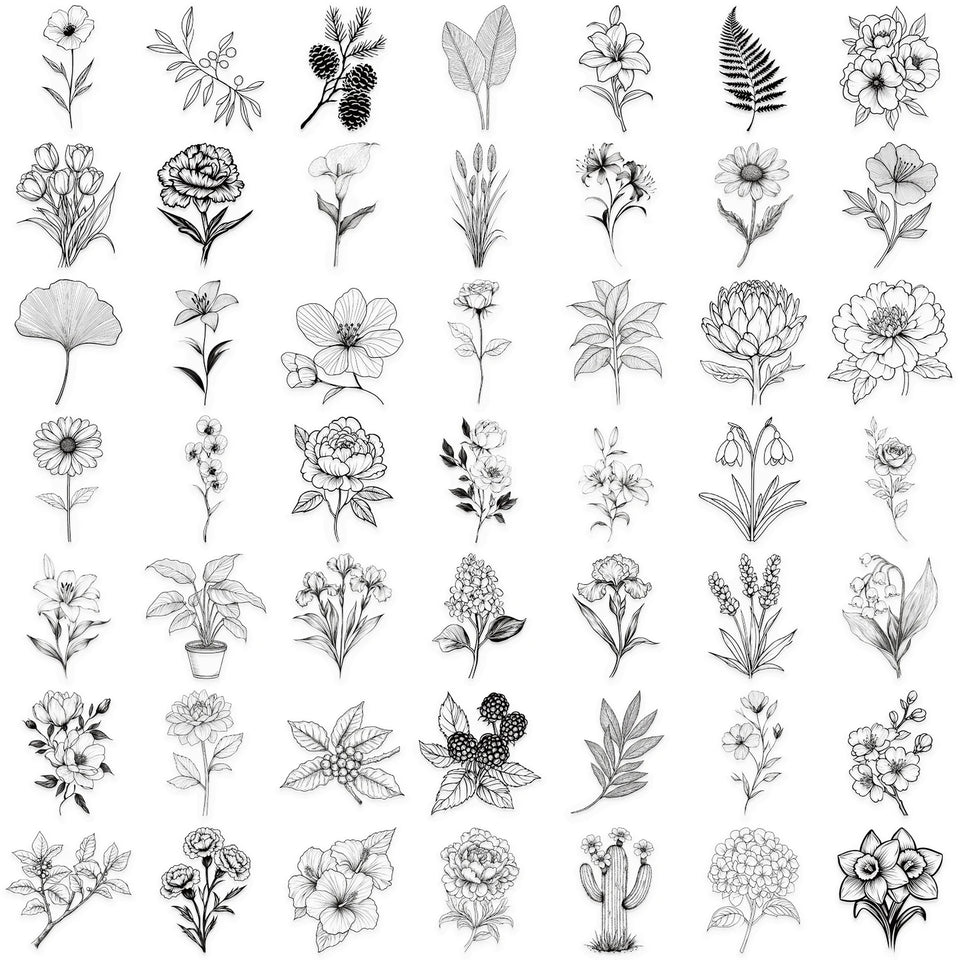 50pcs Black And White Vintage Retro Flower Plant Stickers Decals Laptop Scrapbooking Journal Planner Card Making PET Stickers﻿