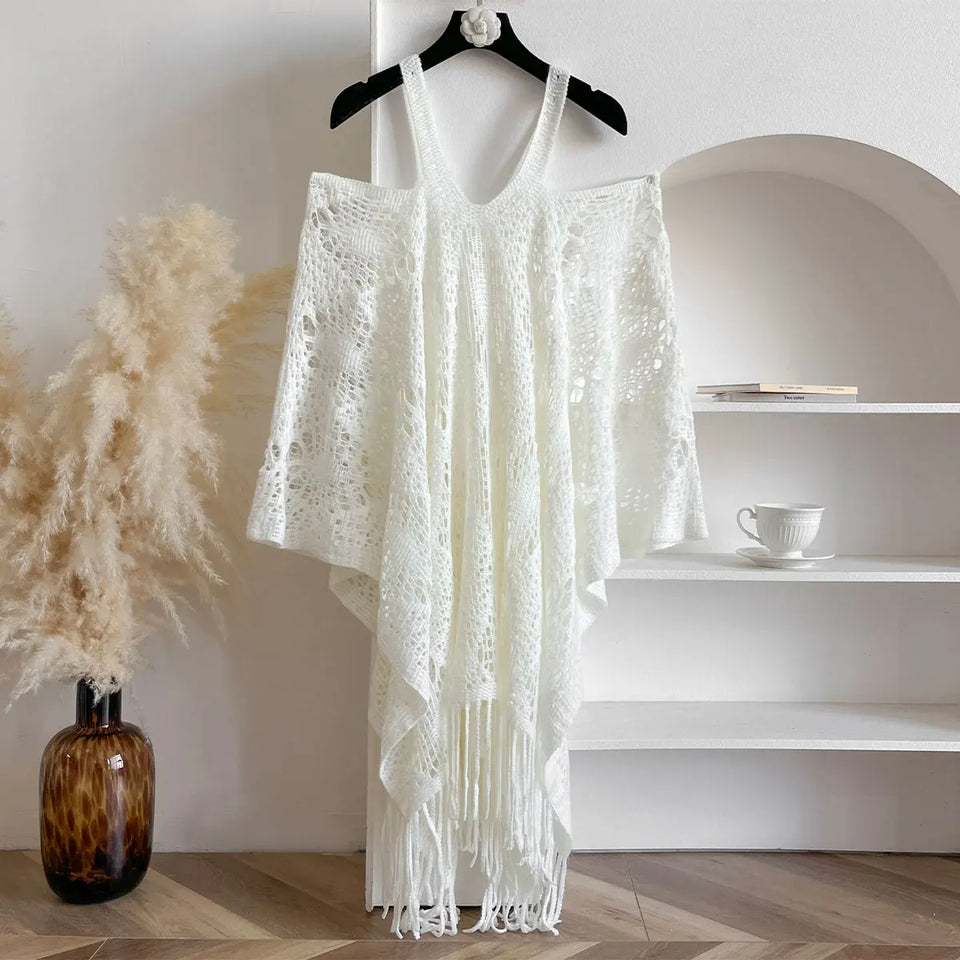 New Spring and Summer Fashion Women's Fringed Knitted Shawl Women Hollow out Solid Color Capes Knitted Pullover