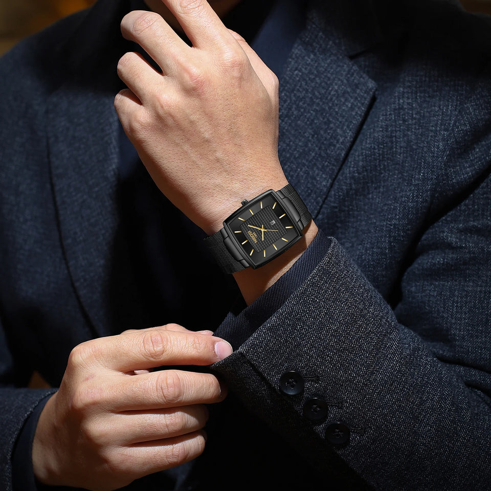 NIBOSI Mens Watches Top Brand Luxury Square Quartz Watch Men Slim Mesh Waterproof Sport Wristwatch Date Luminous Reloj Hombre