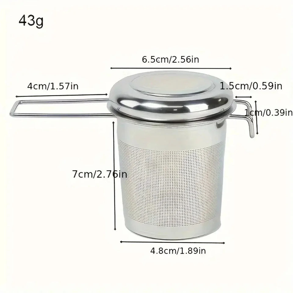 Tea filter, high-quality stainless steel, extended folding handle, tea drain with lid, multi-purpose tea filter with anti scald