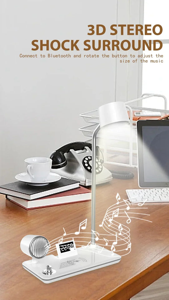 Multifunction LED Desk Lamp Wireless Charger Pad Stand Clock Bluetooth Speaker Night Light USB Port Night Lighting